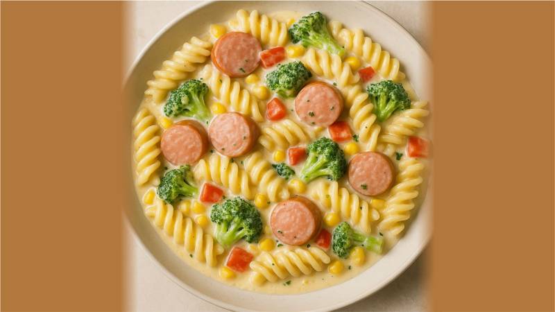 Paste cremoase cu crenvurști și broccoli