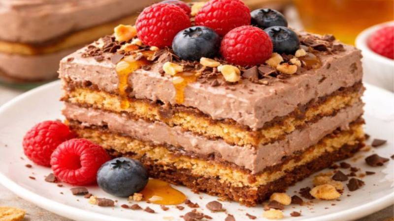 Prăjitură cu biscuiți, miere și cremă de frișcă cu ciocolată