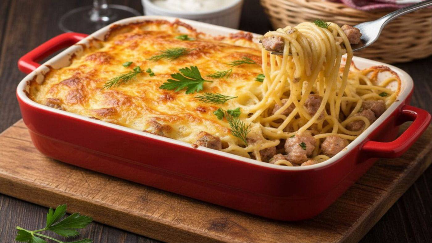 Spaghete la cuptor cu carne de porc la conservă și smântână