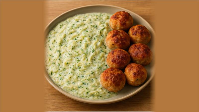 Mâncare de dovlecei cu iaurt/smântână, usturoi și mărar și chiftele de pasăre